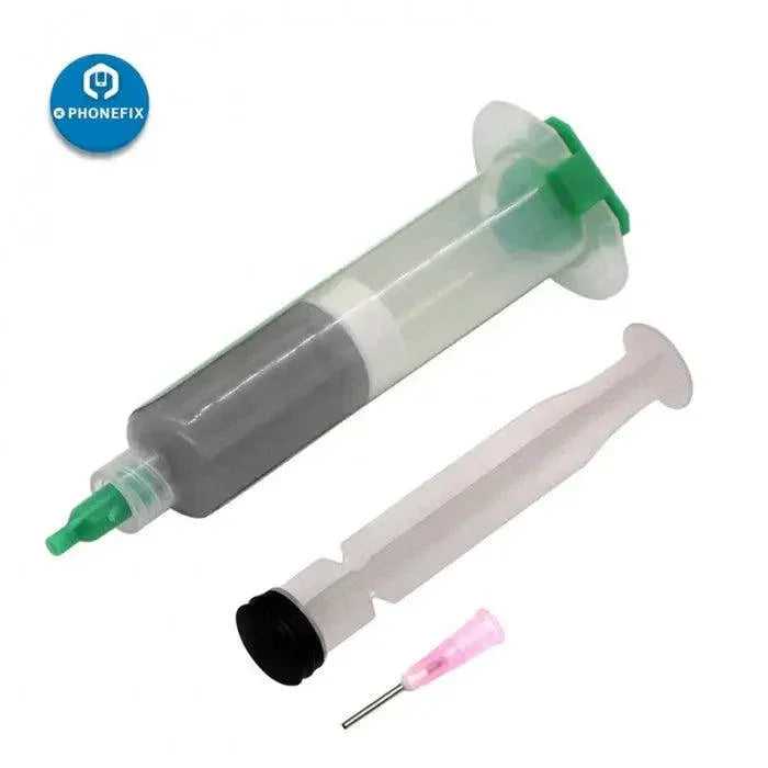 Relife 10CC no-clean syringe solder paste flux for BGA repair, by PHONEFIX, in a clear plastic syringe container.