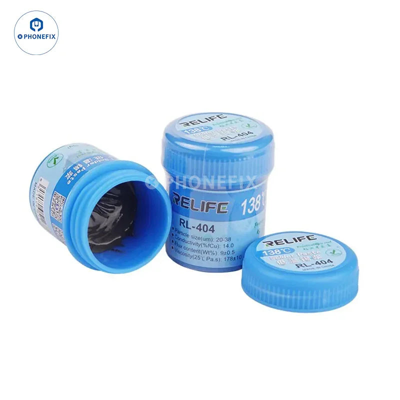 Relife No-clean Tin Solder Paste by PHONEFIX for PCB BGA chip welding and soldering, shown in a clear image of the product container.