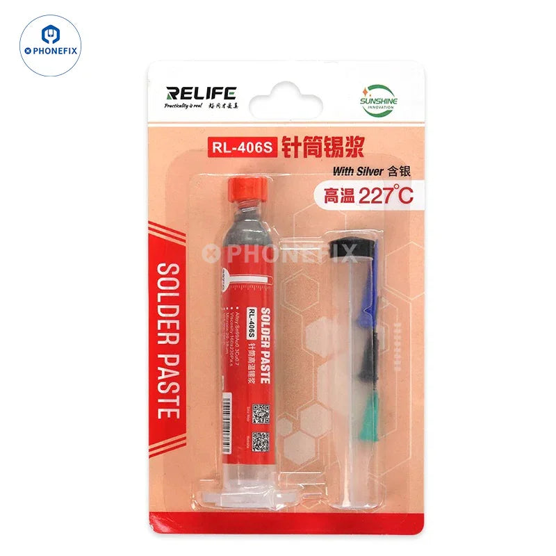 Relife No-clean Tin Flux Solder Paste by PHONEFIX for PCB, BGA, and chip welding applications, shown in a close-up image.
