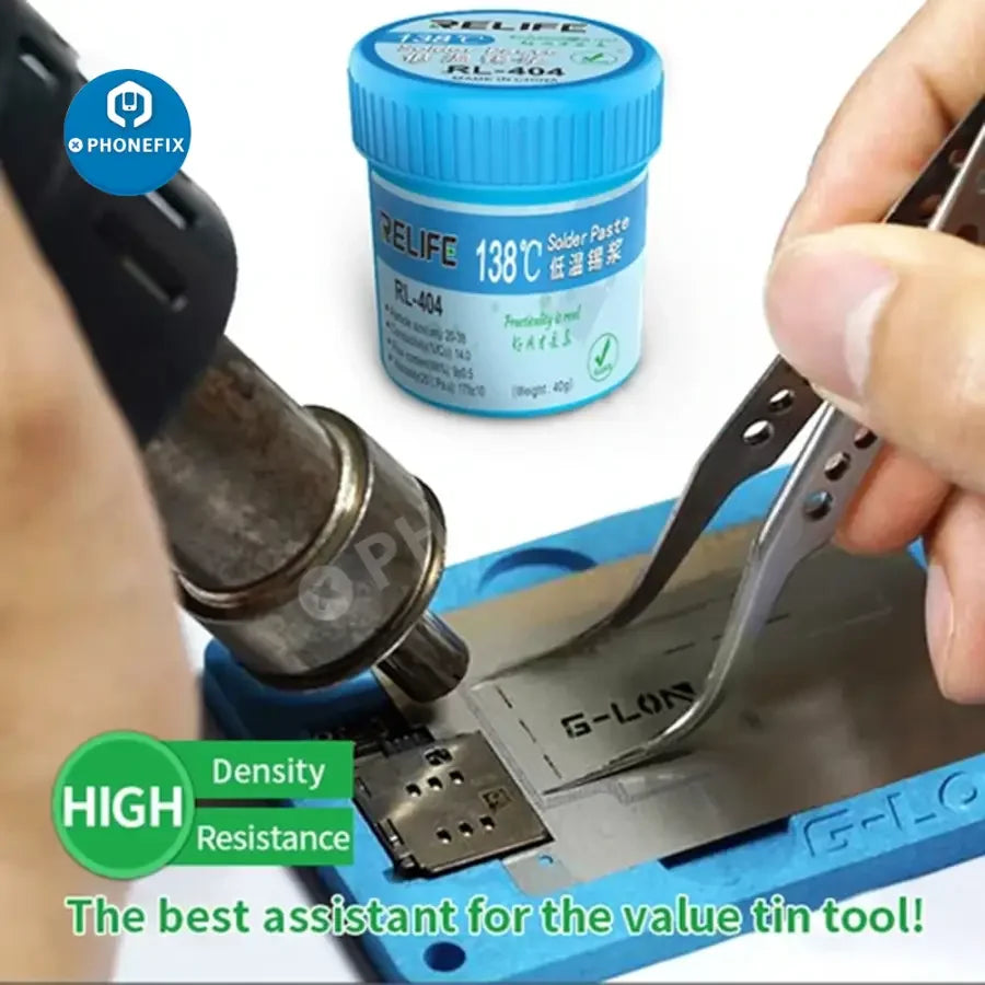 Relife RL-404 lead-free low-temperature solder flux paste, 138℃, in a small container, used for precise electronics soldering.