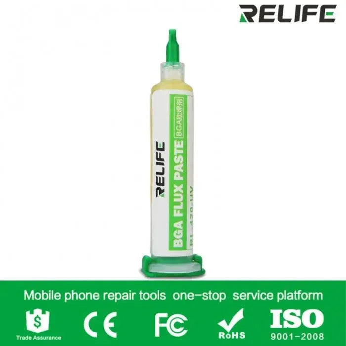Relife RL-420-UV lead-free soldering paste flux for phone BGA repair, shown in a small container with a applicator tip.