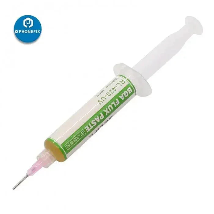 Relife RL-420-UV lead-free soldering paste flux for phone BGA repair, shown in a container with a label, used for electronics repair.
