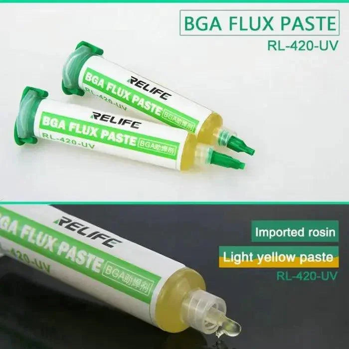 Relife RL-420-UV lead-free soldering paste flux for phone BGA repair, shown in a small container with application tips.
