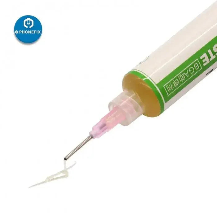 Relife RL-420-UV lead-free soldering paste flux for phone BGA repair, shown in a small jar with labels and applicator.