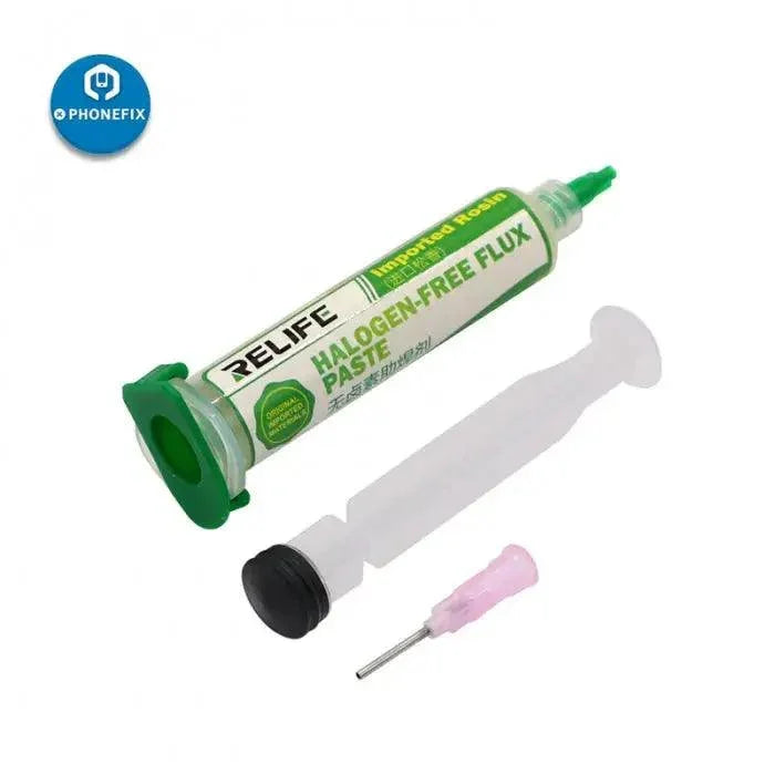 Relife RL-422-IM lead-free BGA solder flux paste for soldering station, shown in a small container with a smooth, viscous consistency.