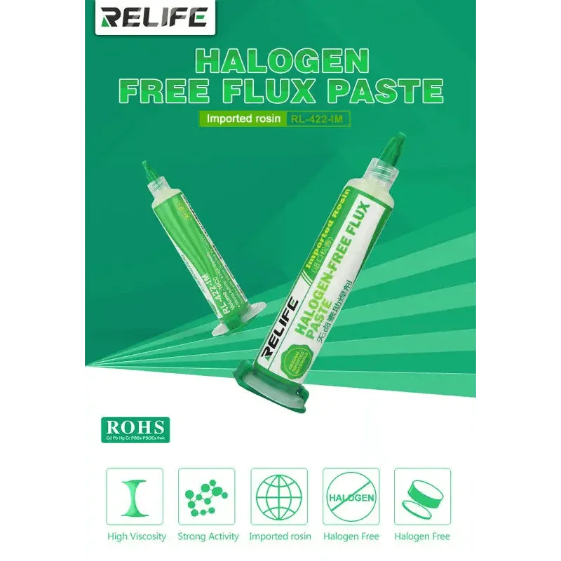 Relife RL-422-IM lead-free BGA solder flux paste for soldering stations, shown in a close-up image with packaging details.