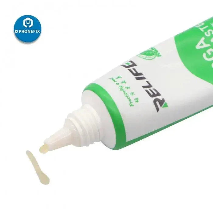 Relife RL-429 20ML hose BGA flux paste for phone BGA soldering, used for electronics repair and rework.