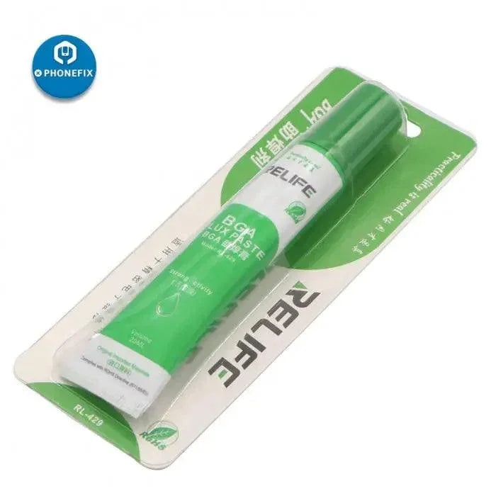 Relife RL-429 20ML Hose BGA Flux Paste for Phone BGA Soldering, made by PHONEFIX, in a small tube for electronics repair.