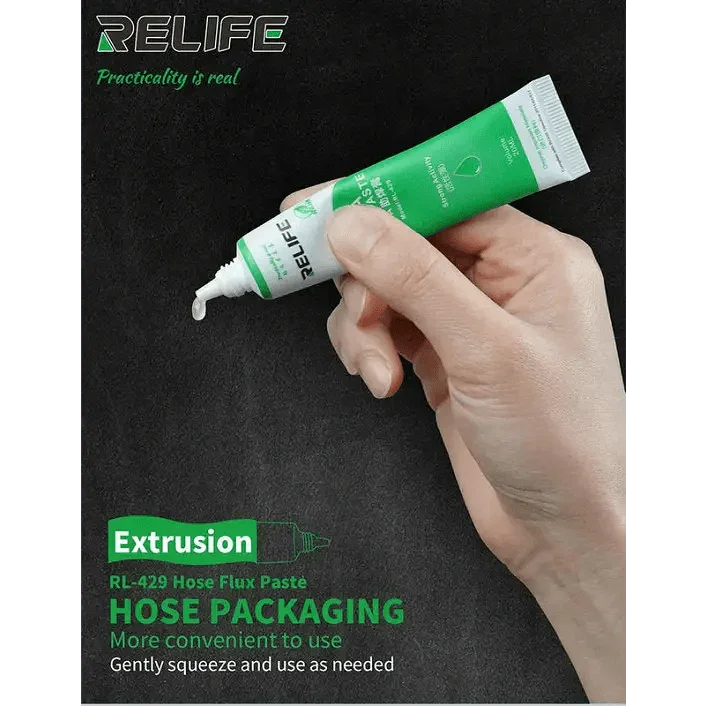 Relife RL-429 20ml hose BGA flux paste for phone BGA soldering, shown in a clear image with applicator tip and packaging.