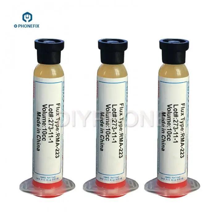 OEM RMA-223 NC-559-ASM BGA soldering paste flux in 10cc syringe, used for electronics repair and soldering applications.