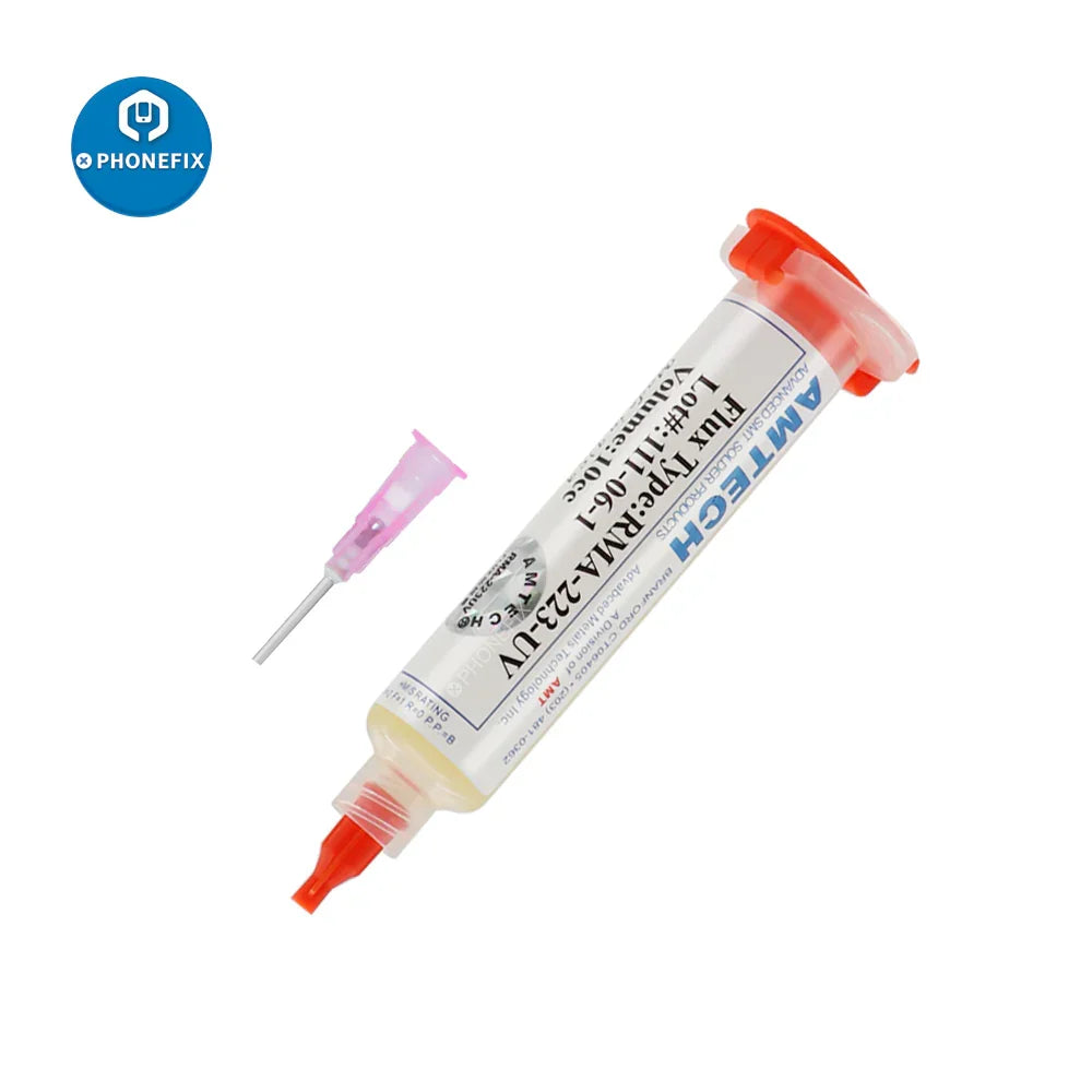 OEM RMA-223 NC-559-ASM soldering paste flux syringe for BGA rework, by PHONEFIX, with a clear view of the syringe and label.