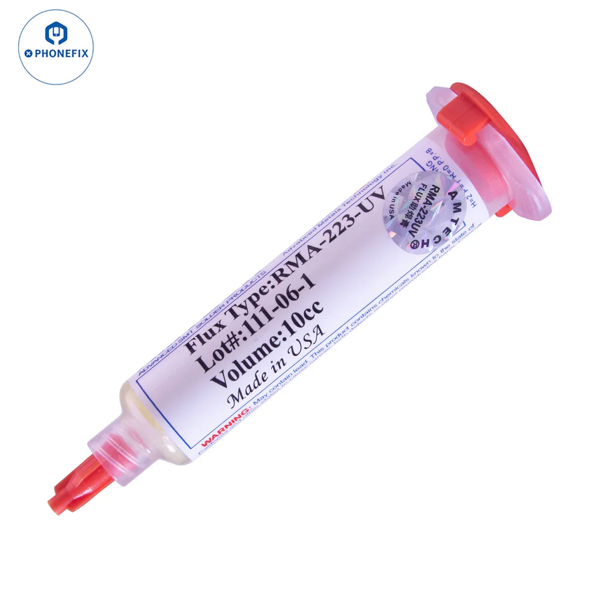 OEM RMA-223 NC-559-ASM soldering paste flux syringe from PHONEFIX, used for BGA soldering and rework.