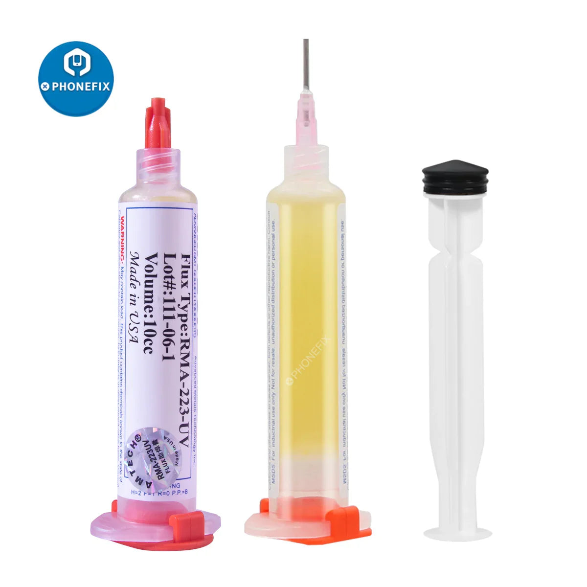 OEM RMA-223 NC-559-ASM soldering paste flux syringe from PHONEFIX for BGA rework and soldering applications.