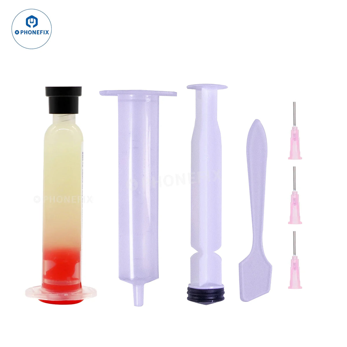 OEM RMA-223 NC-559-ASM soldering paste flux syringe by PHONEFIX, used for BGA rework and soldering applications.