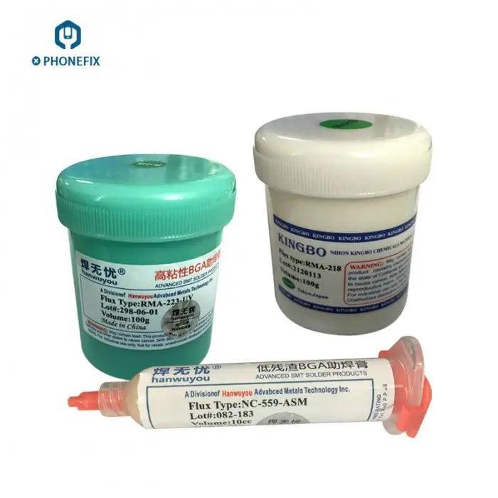 Kingbo 100g RMA-218 BGA solder flux paste for SMT reballing and repair, used in electronic soldering and board rework.