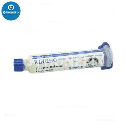 Kingbo 100g RMA-218 BGA solder flux paste for SMT reballing and repair, used in electronics soldering and rework.