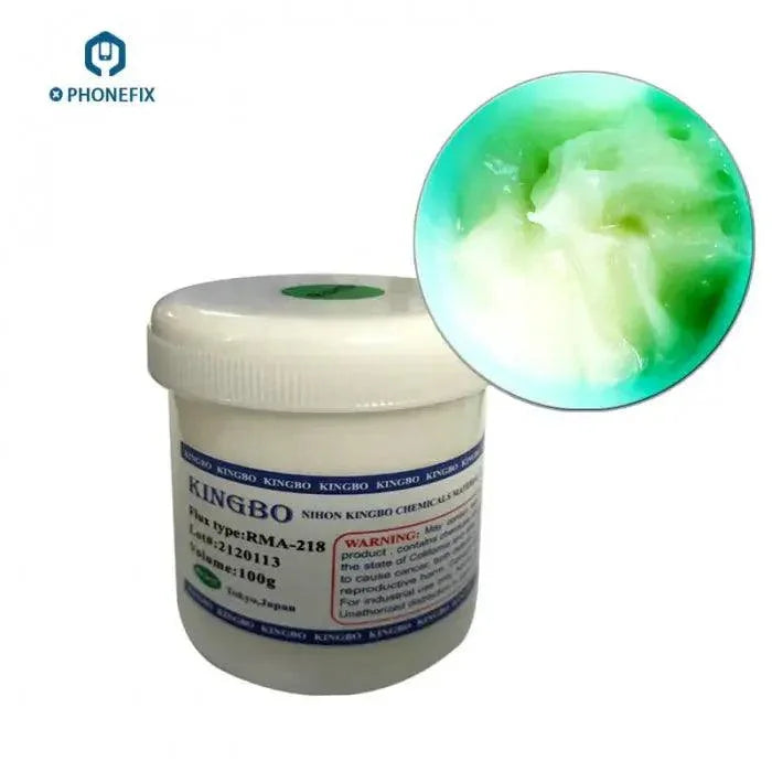 Kingbo 100g RMA-218 BGA solder flux paste for SMT reballing and repair by PHONEFIX, used in electronics soldering and rework.