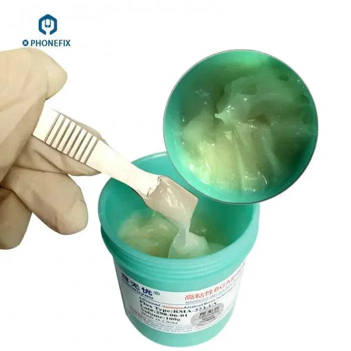 Kingbo 100g RMA-218 BGA solder flux paste for SMT reballing and repair, used in electronics soldering and rework.