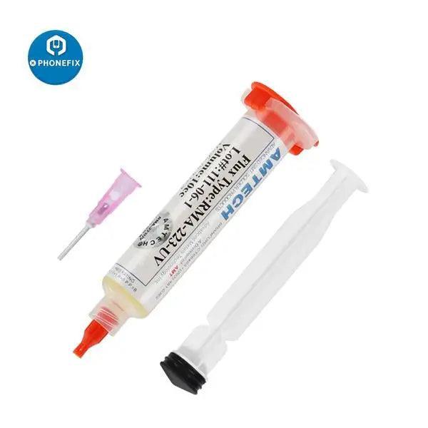 Made-in-USA PHONEFIX RMA223 RMA-223 solder paste flux in a 10cc container, used for electronics soldering.