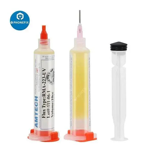Phonefix RMA223 solder paste flux in a 10cc container, used for electronics soldering and assembly.