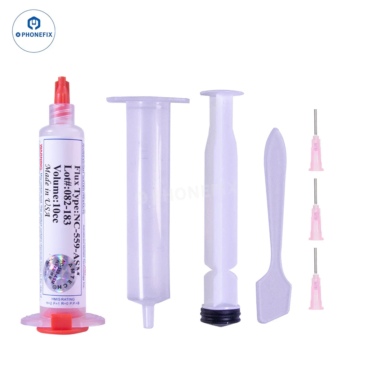 PhoneFix RMA223 solder paste flux in a 10cc container, suitable for electronic soldering and repair applications.