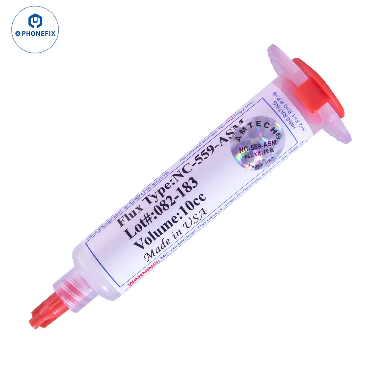 Phonefix RMA223 solder paste flux in a 10cc container, used for electronics soldering and rework, with a clear applicator tip.