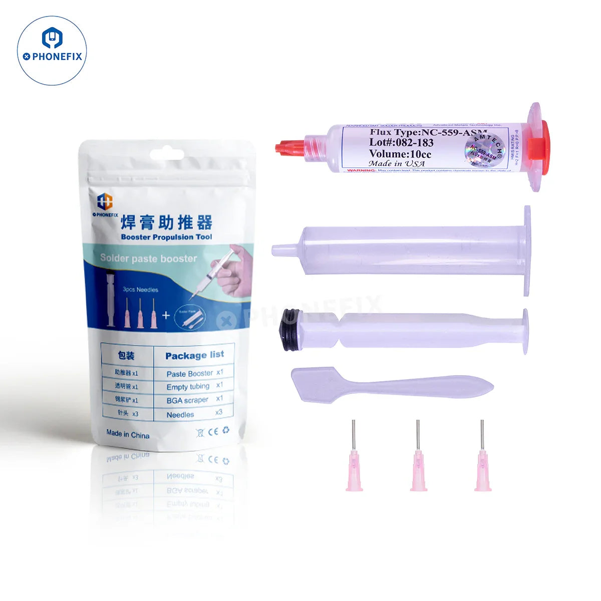 AMTECH RMA223 RMA-223 solder paste flux bottle from PHONEFIX, featuring a 10CC container for electronics soldering and repair.