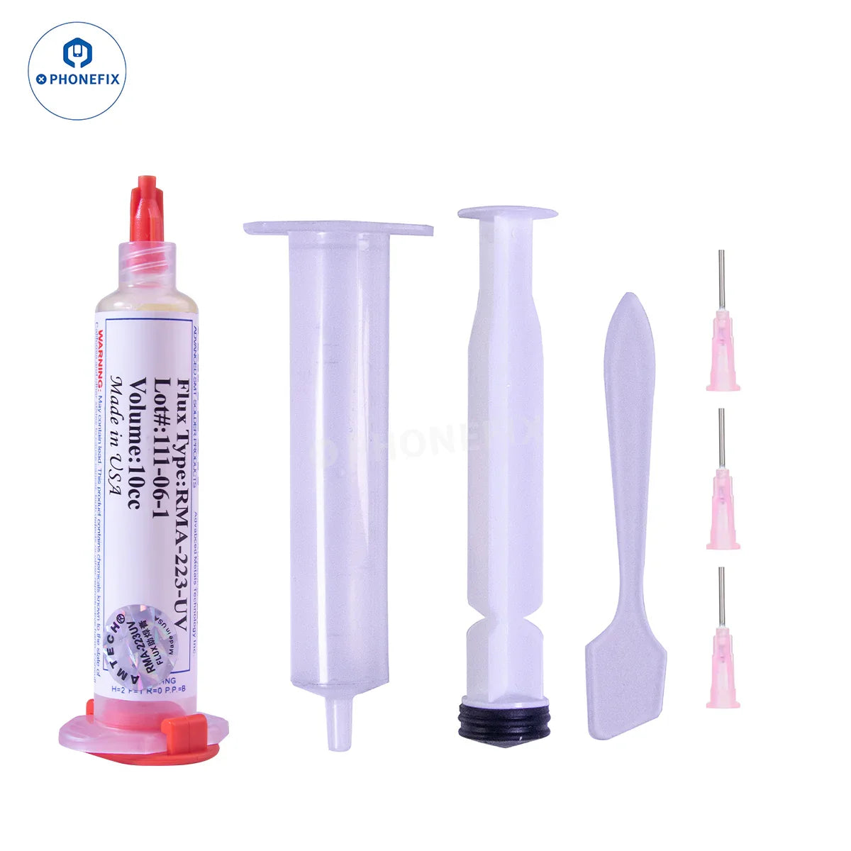 Phonefix RMA223 solder paste flux in a 10cc container, used for electronics soldering and circuit board repairs.