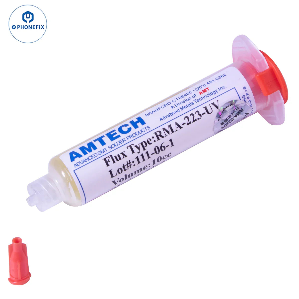Phonefix RMA-223 solder paste flux in a 10cc container, designed for precise soldering and electronic repairs.