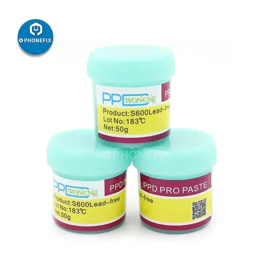 Lead-free solder paste from PHONEFIX, 138-183°C, for A8 to A11 CPU repair, shown in a close-up image of the solder paste container.