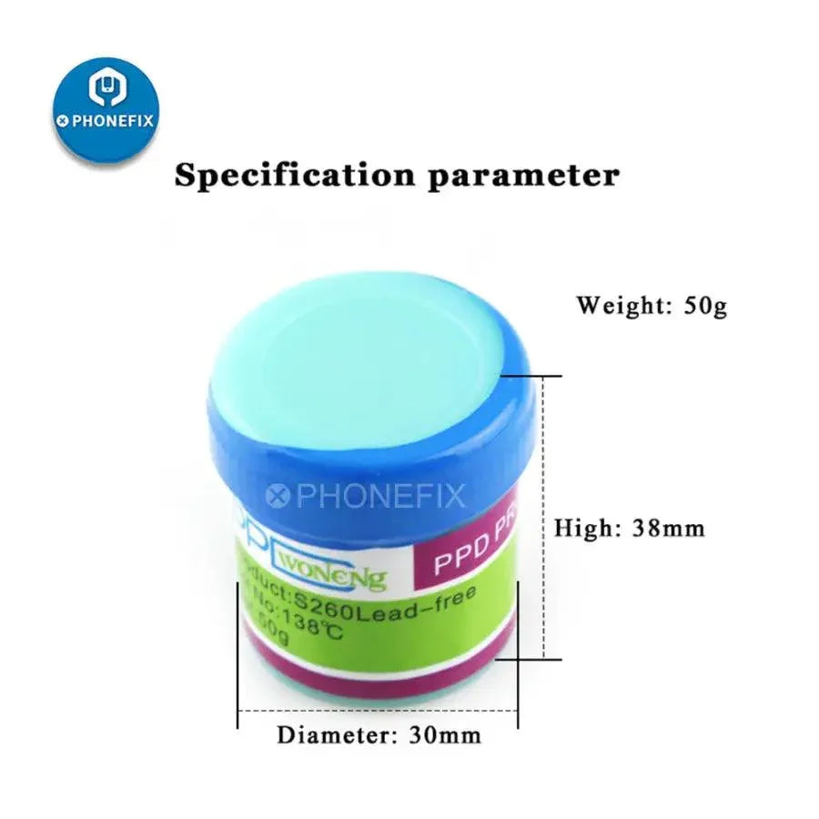 Lead-free solder paste by PHONEFIX, perfect for A8 to A11 CPU repairs, with 138-183°C melting point, shown in the image.