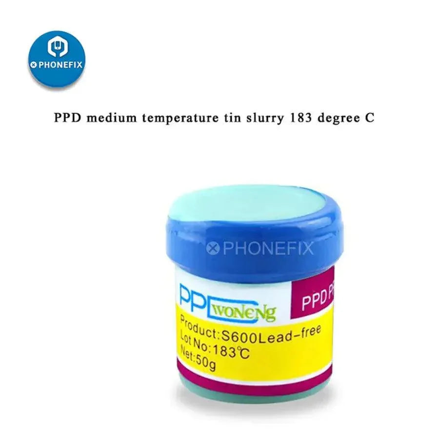 Lead-free solder paste for A8, A9, A10, A11 CPU repair, showing the PHONEFIX PPD solder paste container and application area.