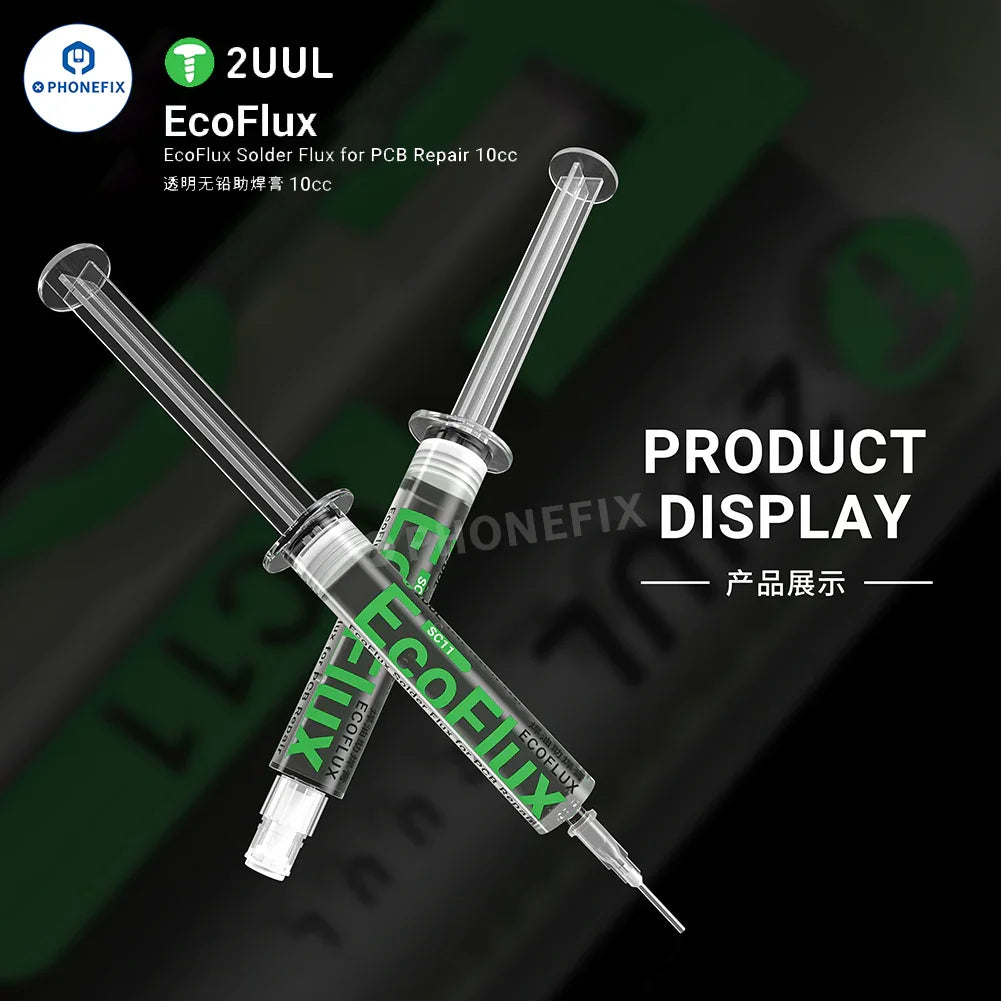 Lead-free PCB repair solder paste by PHONEFIX, EcoFlux SC17 SC11 for precise soldering and electronic component assembly.