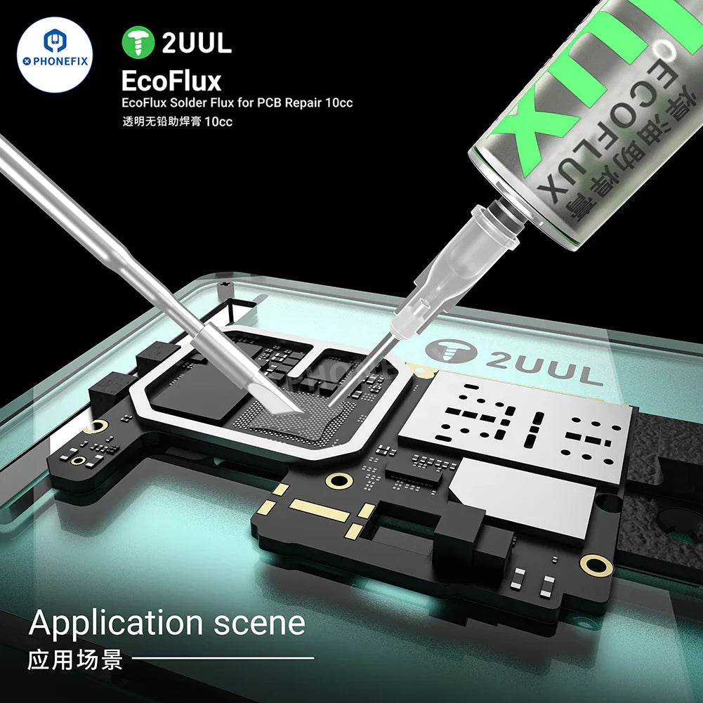 Lead-free PCB solder paste from PHONEFIX, EcoFlux SC17 SC11 for precise electronics repair and soldering applications.
