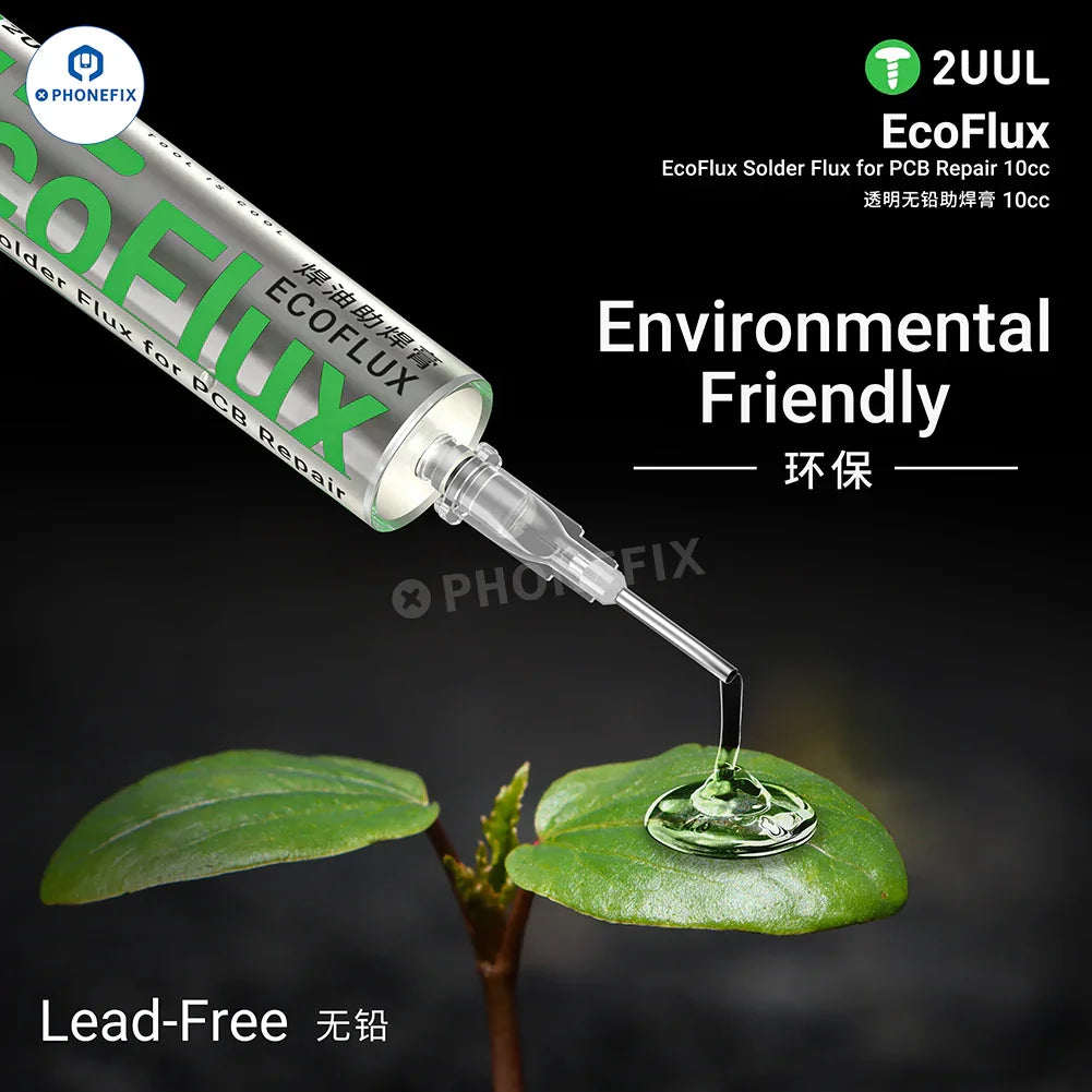 PhoneFix 2UUL SC17 SC11 EcoFlux lead-free solder flux paste for PCB repair, shown in a small container with a smooth consistency.