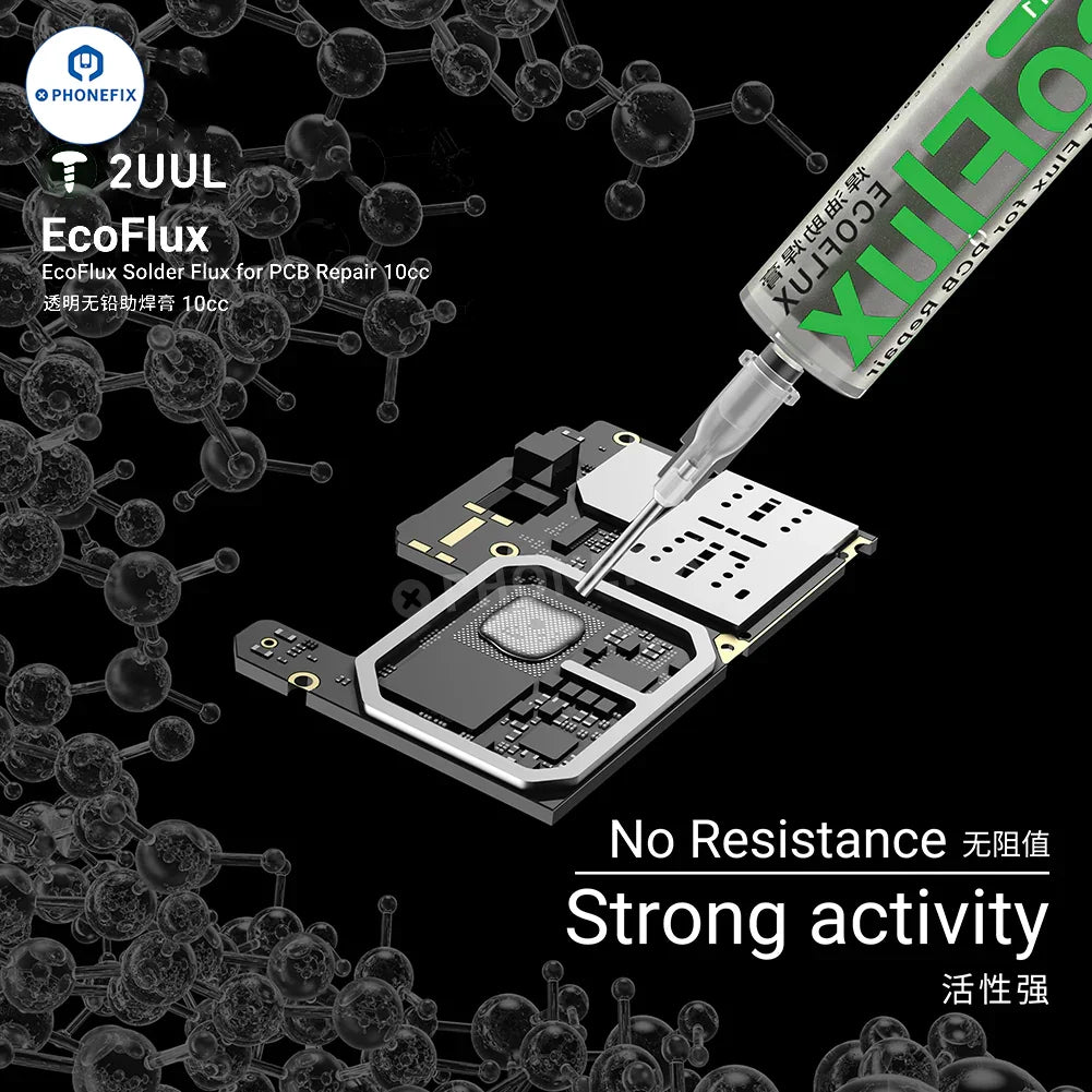 Lead-free PCB repair solder paste from PHONEFIX, EcoFlux SC17 SC11 for precise electronic soldering and PCB assembly.