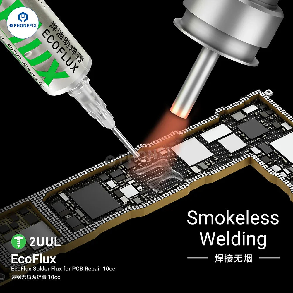 Lead-free PCB repair solder paste by PHONEFIX, EcoFlux SC17 SC11 model, shown in a small container with solder paste for electronics.