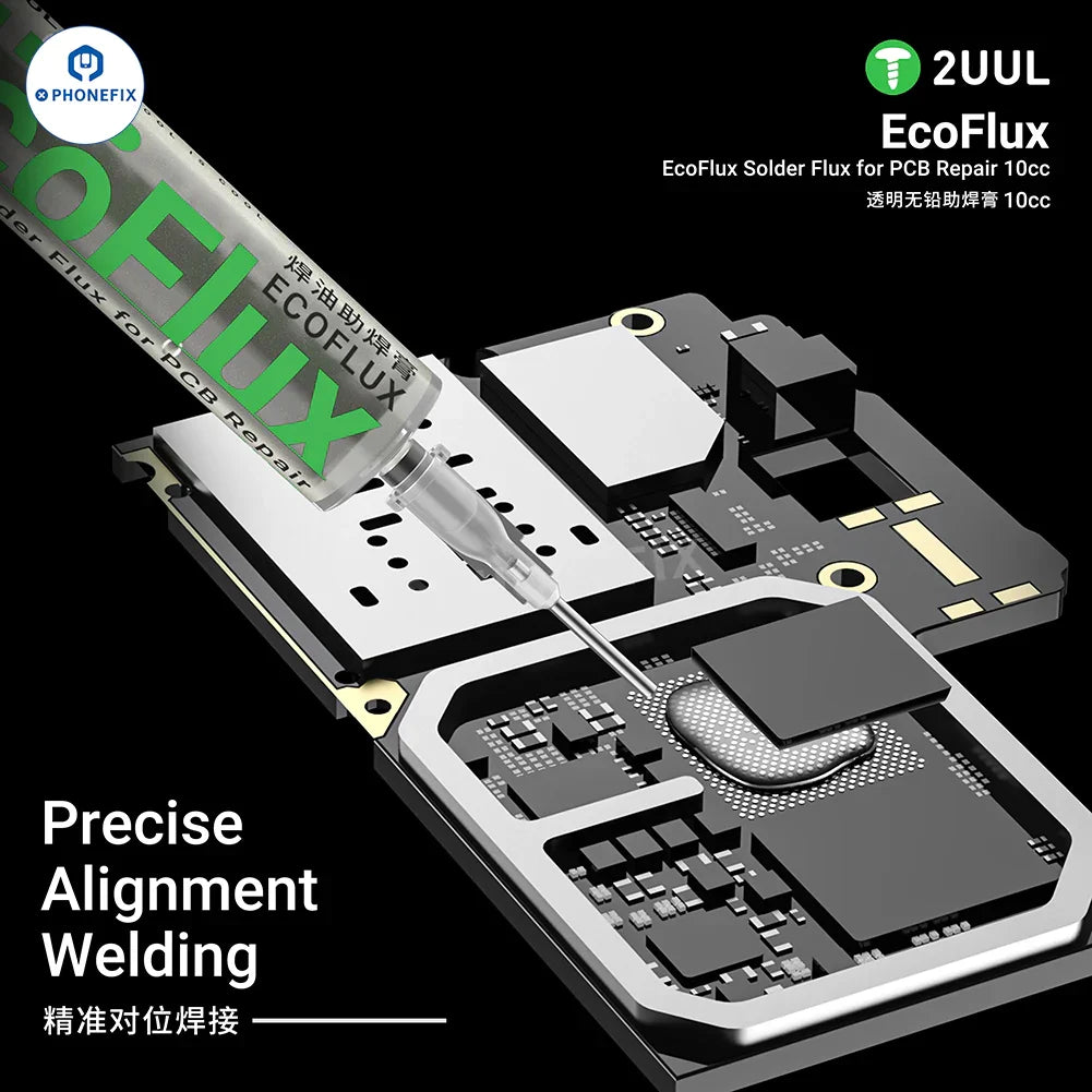 Lead-free PCB repair solder paste from PHONEFIX, EcoFlux SC17 and SC11, used for precise electronics soldering and PCB assembly.