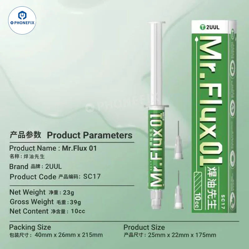 Lead-free PCB repair solder paste from PHONEFIX, EcoFlux SC17 SC11 for precise soldering and electronic component assembly.