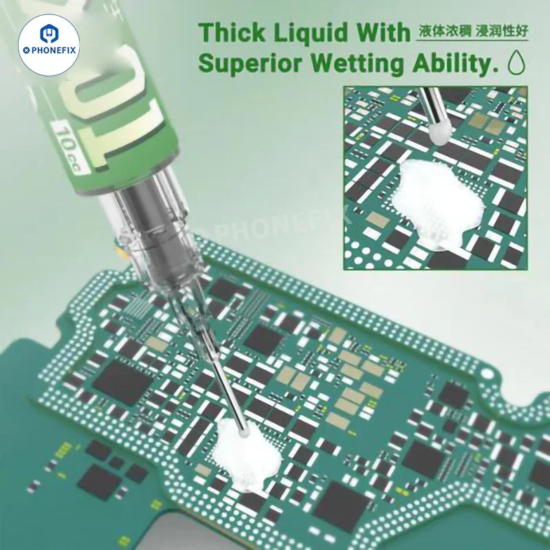 Lead-free solder paste for PCB repair, PHONEFIX EcoFlux SC17 SC11 solder flux in a small container with applicator.