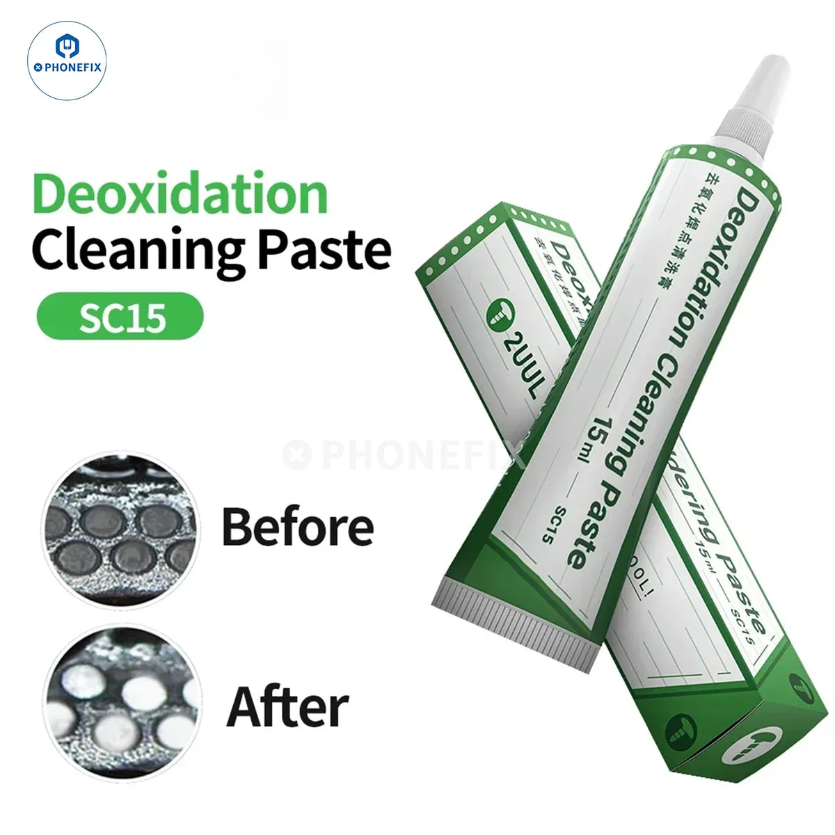 PHONEFIX 2UUL SC15 deoxidation solder paste for phone repair, shown in a small container with a white cleaning paste for solder joints.