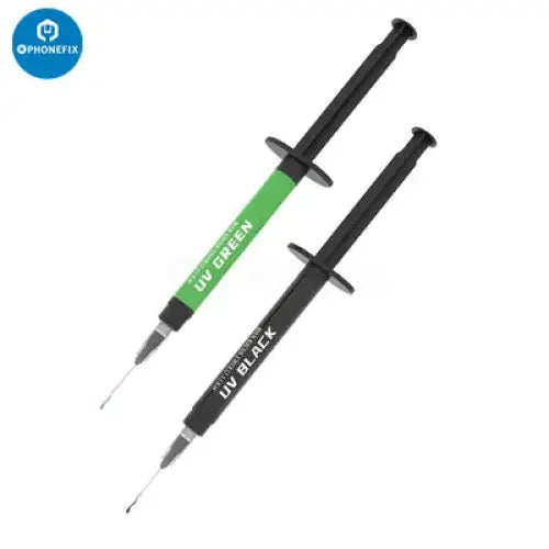 Black and green UV curable solder mask paste by PHONEFIX with 0.6mm needle for precise PCB soldering application.