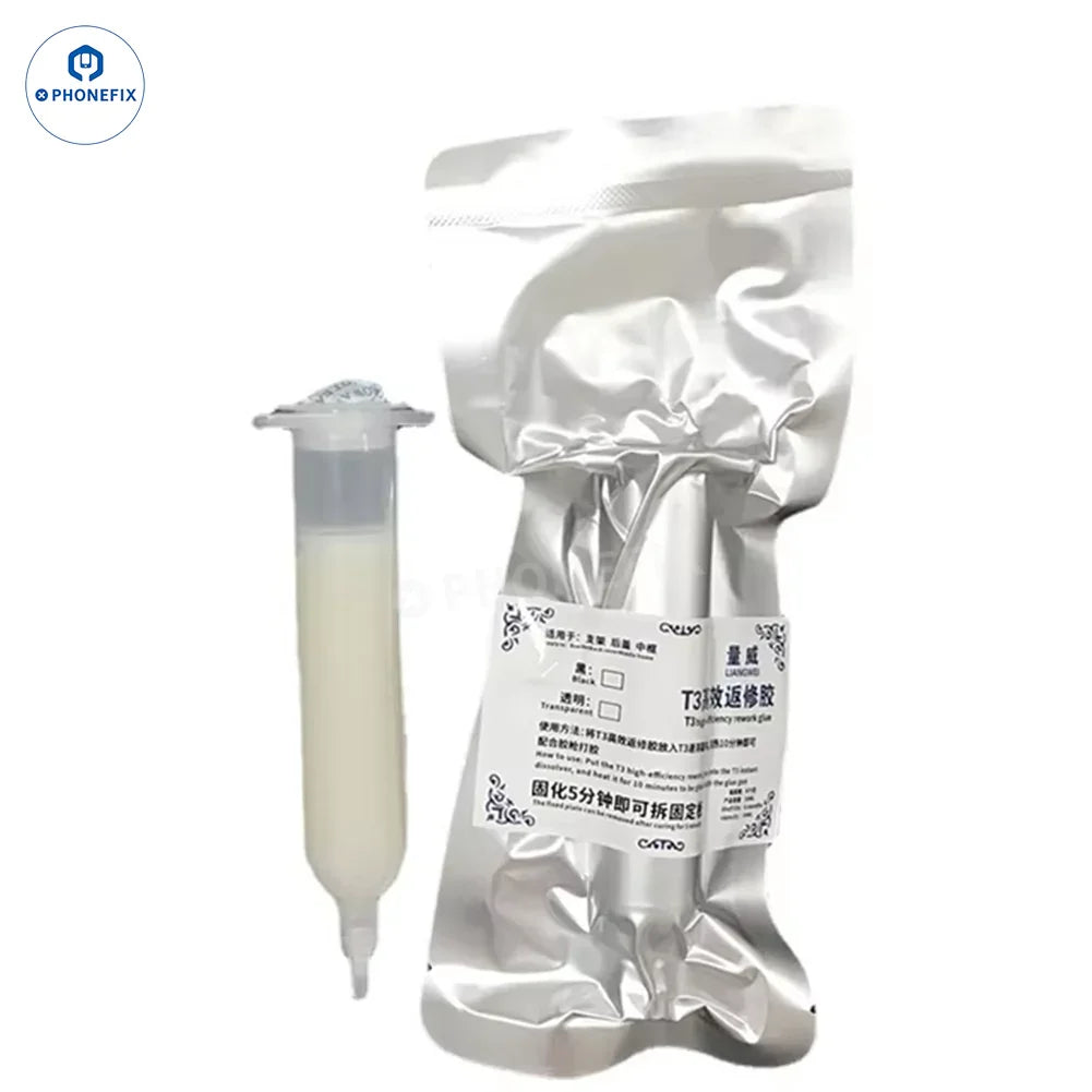 PHONEFIX T3 Instant Dissolver solder paste dispenser for iPhone screen bezel and back cover glue application, with precise dispensing tip.