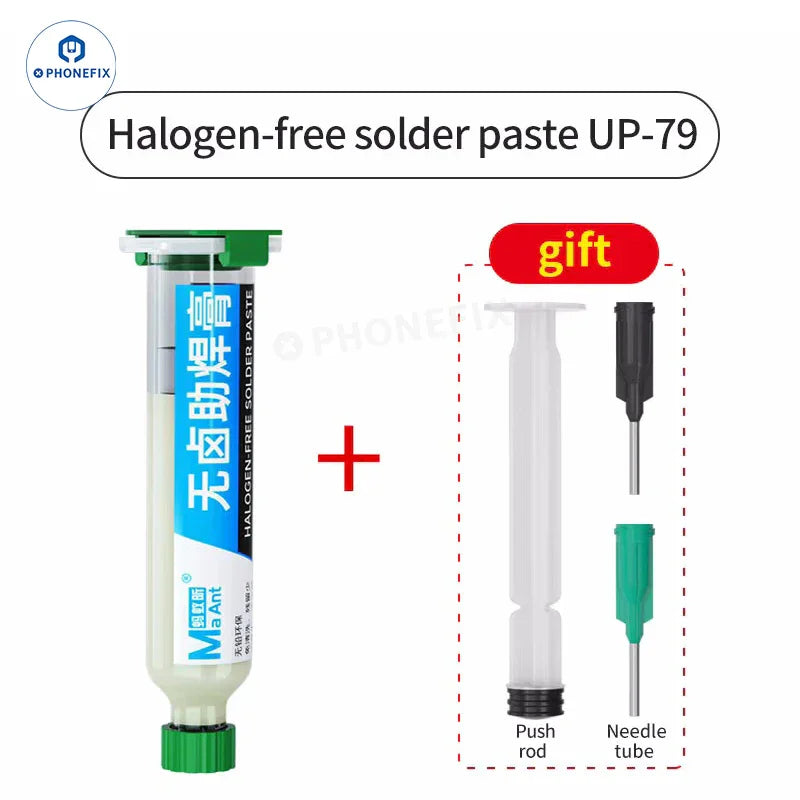 MaAnt BGA solder paste by PHONEFIX, halogen-free, lead-free repair flux for electronics soldering, shown in an open container.