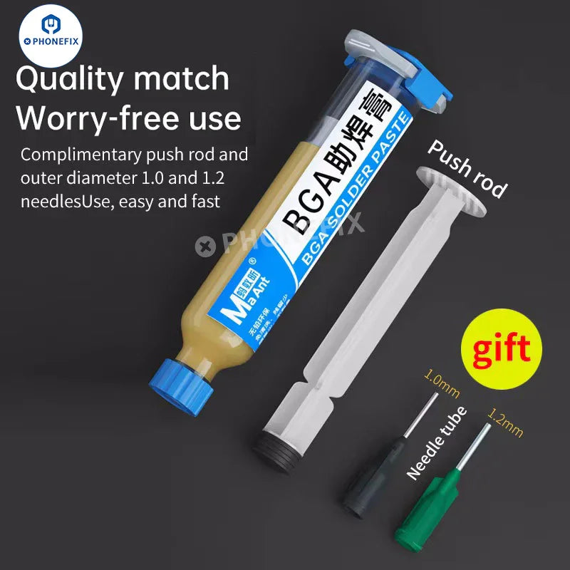 PhoneFix MaAnt BGA solder paste in a small container, halogen-free, lead-free repair flux for electronic circuit board soldering.