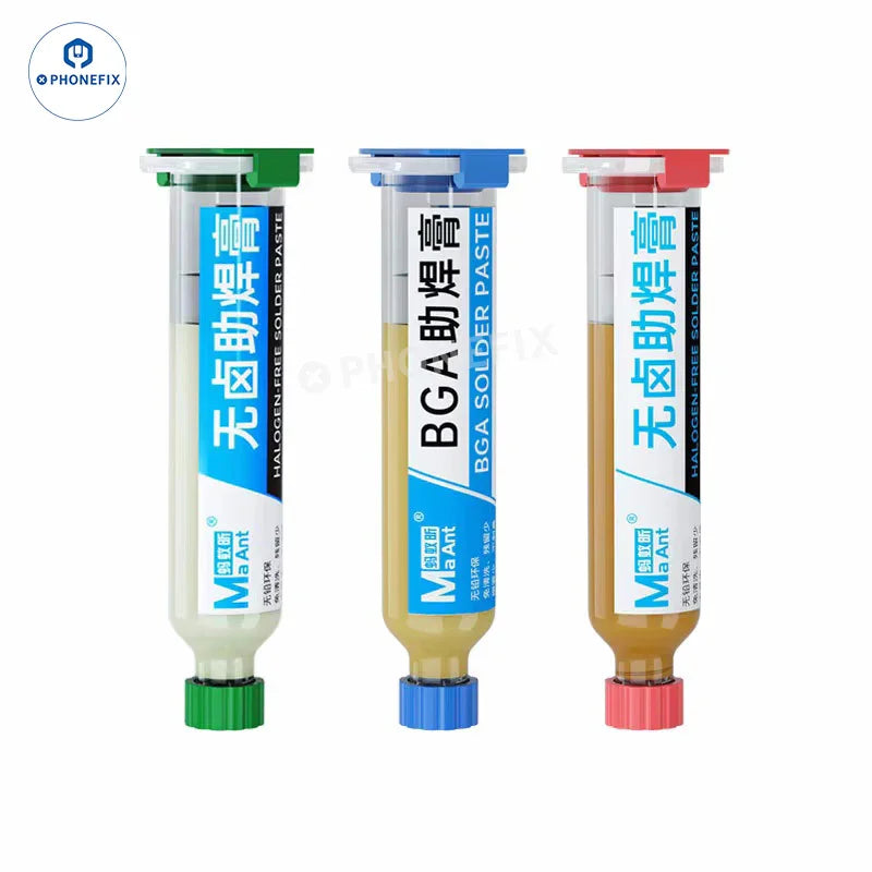 MaAnt BGA solder paste by PHONEFIX, halogen-free, lead-free repair flux for precise electronic soldering applications.
