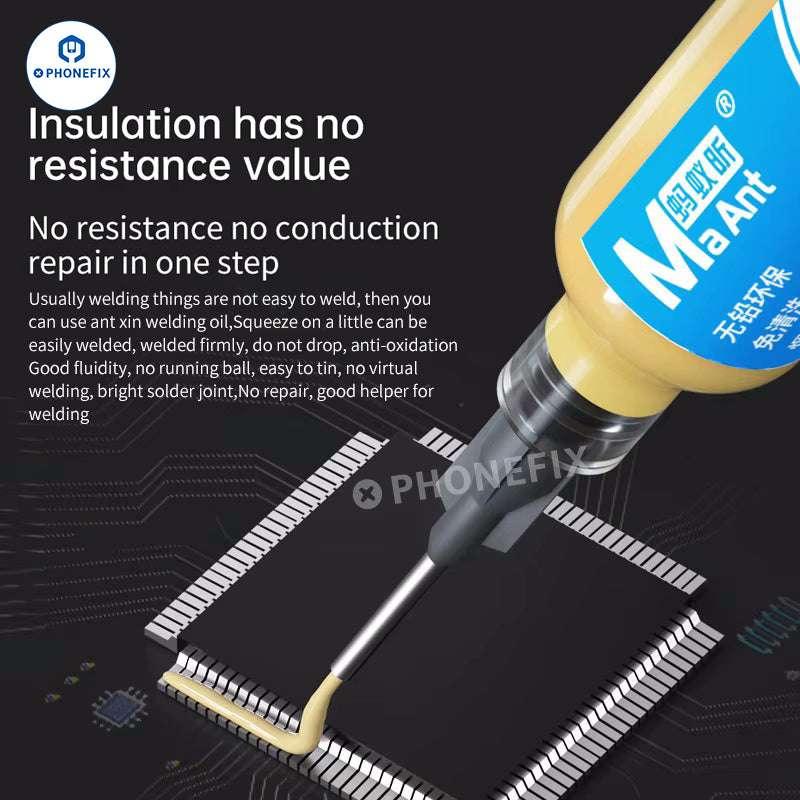 Phonefix MaAnt BGA solder paste, halogen-free and lead-free repair flux for precise electronic soldering applications.