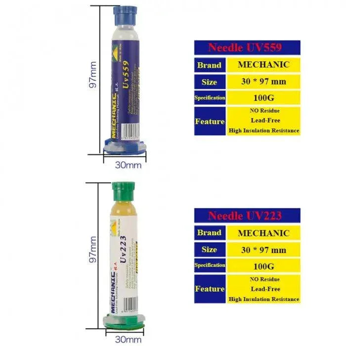 PhoneFix Mechanic Flux Paste UV223 and UV559 no-clean solder paste, 10cc tube, used for electronics soldering and flux application.