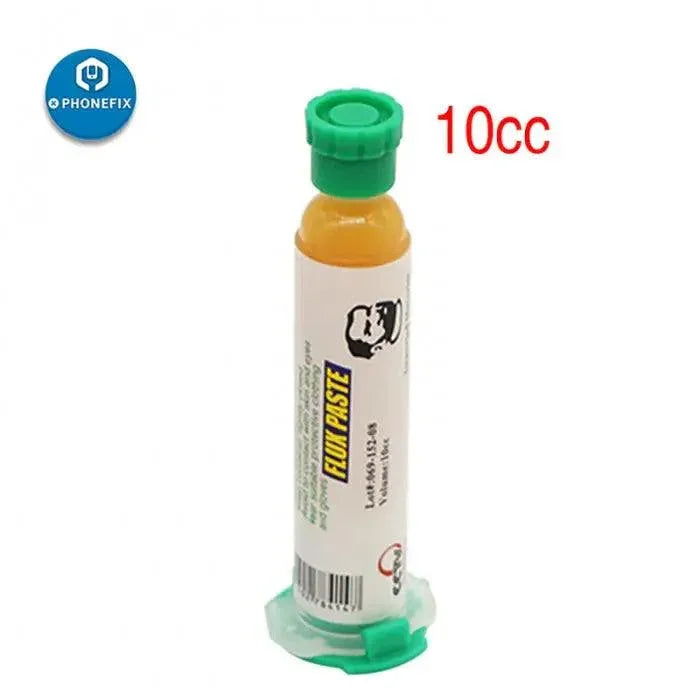 PhoneFix mechanic solder paste UV223 UV559 no-clean flux in 10cc (100g) container, used for electronics soldering.