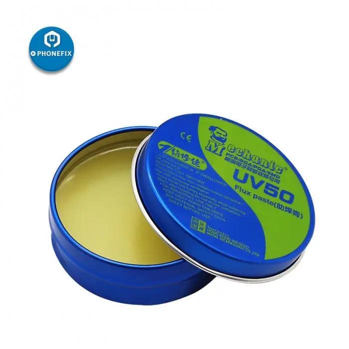 Solder paste by PHONEFIX, mechanic rosin-based tin flux cream for phone PCB welding repair, shown in a close-up of the product container.